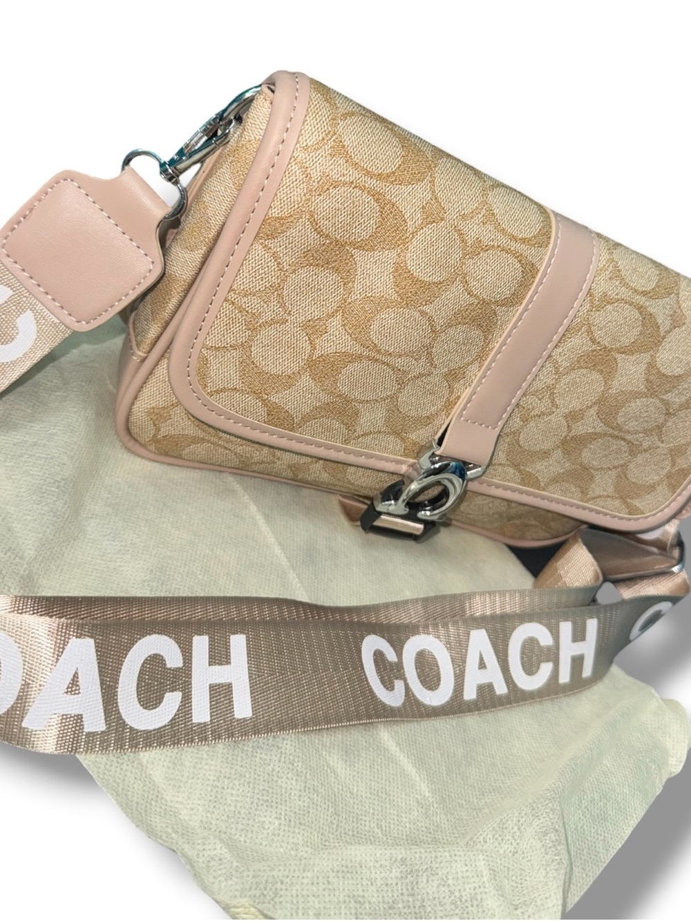 Coach Signature Canvas Flap Crossbody Bag Khaki Blush Pink Adjustable Strap